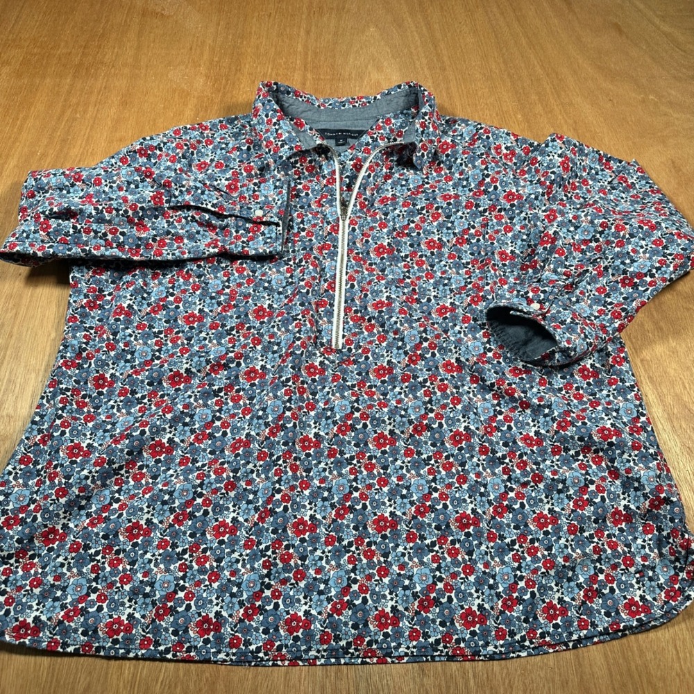 Tommy Hilfiger Floral Blouse Women 1X Blue Red Quarter Zip Cotton TJSHEW401